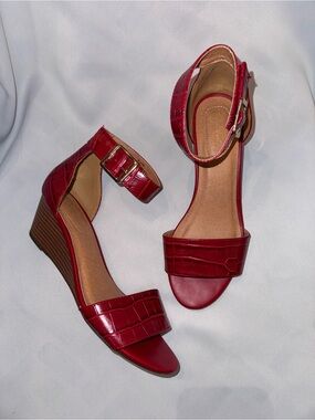 Comfort 1946 Sandals for Women Red Croc-Embossed Look Ankle Strap Wedge Sandals